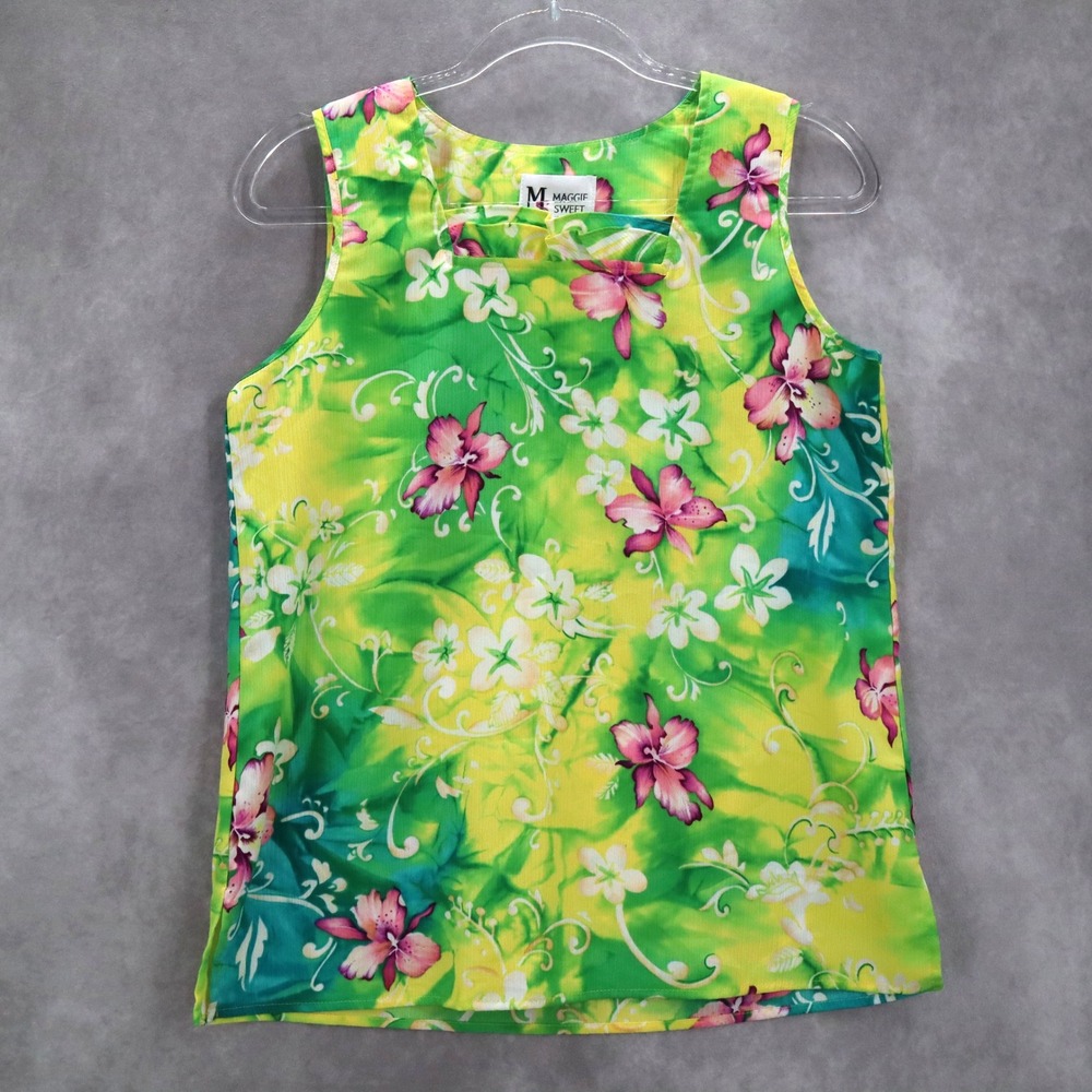 Maggie Sweet Yellow Green Floral Preppy Flirty Sleeveless Blouse Top S Small‎